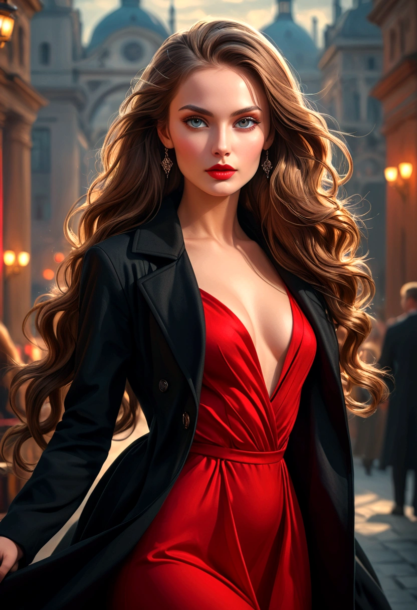 a beautiful girl in a red dress with black coat, stunning figure, flawless skin, piercing eyes, high cheekbones, lush lips, long flowing hair, graceful pose, against a soft blurred background, dramatic lighting, cinematic composition, oil painting, highly detailed, award winning digital art, photorealistic, 8k, HDR, Trending on Artstation