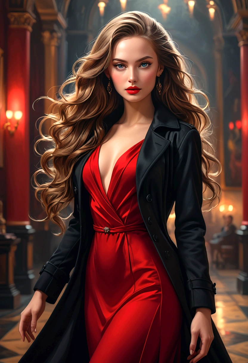 a beautiful girl in a red dress with black coat, stunning figure, flawless skin, piercing eyes, high cheekbones, lush lips, long flowing hair, graceful pose, against a soft blurred background, dramatic lighting, cinematic composition, oil painting, highly detailed, award winning digital art, photorealistic, 8k, HDR, Trending on Artstation