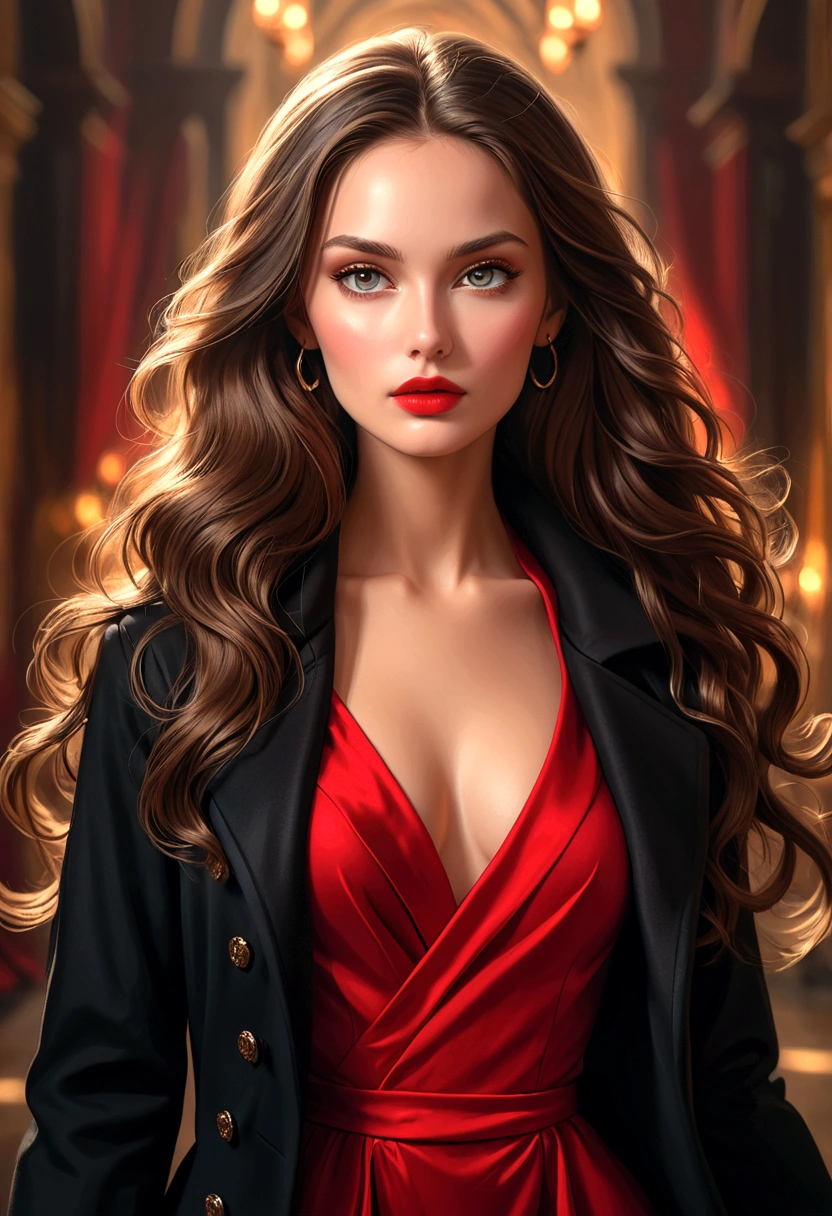 a beautiful girl in a red dress with black coat, stunning figure, flawless skin, piercing eyes, high cheekbones, lush lips, long flowing hair, graceful pose, against a soft blurred background, dramatic lighting, cinematic composition, oil painting, highly detailed, award winning digital art, photorealistic, 8k, HDR, Trending on Artstation