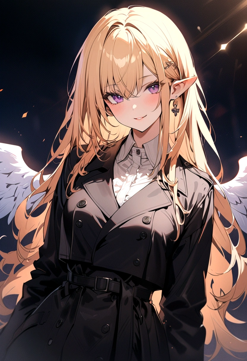 1girl,seductive smile,purple eyes,pointy ears,blonde hair,long hair,best quality,Amazing,masterpiece,delicate,ultra high res,ultra detailed,8K,sharp focus,(extremely detailed CG unity 8k wallpaper),(Black trench coat:1.5),Angel,whole body