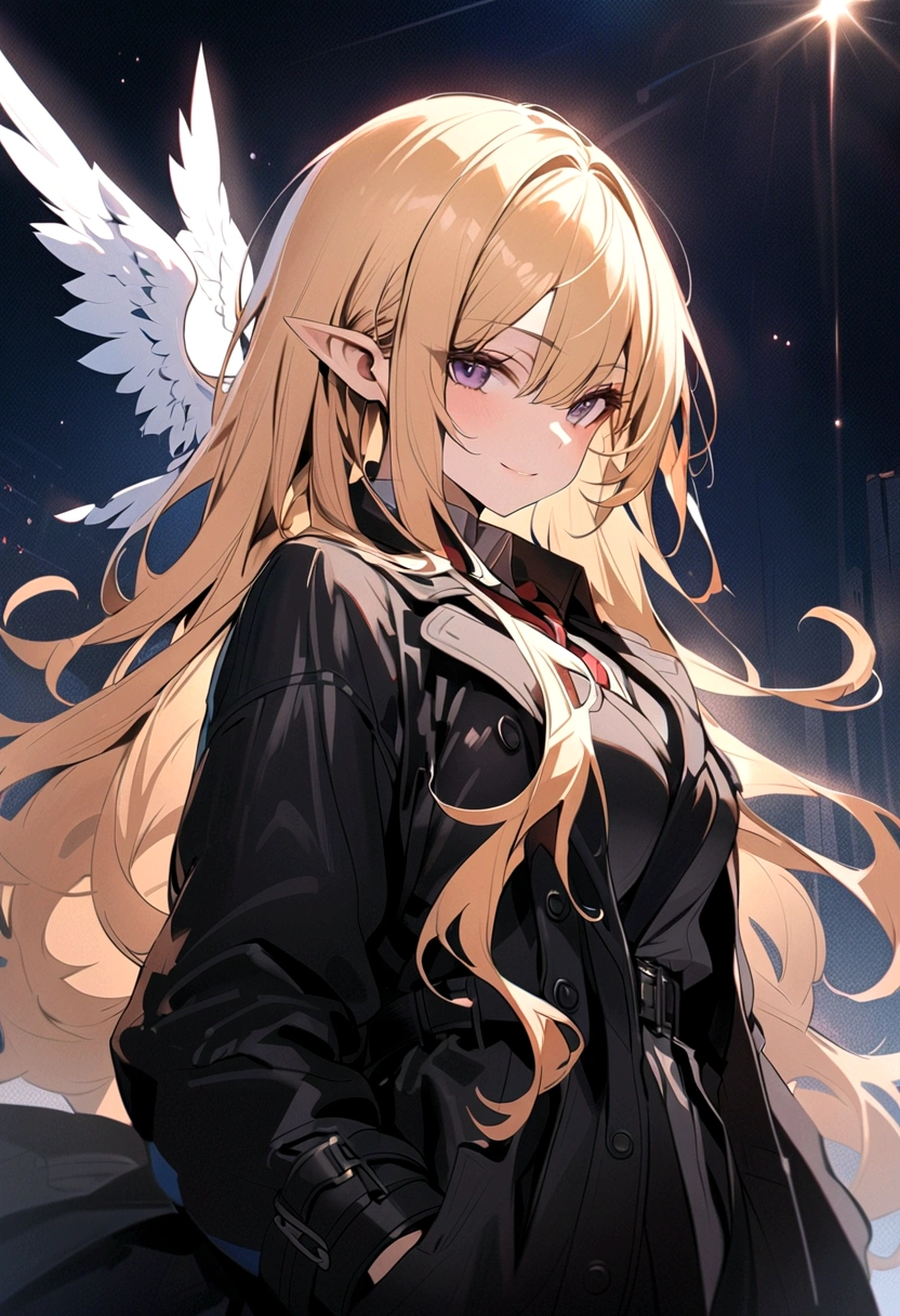 1girl,seductive smile,purple eyes,pointy ears,blonde hair,long hair,best quality,Amazing,masterpiece,delicate,ultra high res,ultra detailed,8K,sharp focus,(extremely detailed CG unity 8k wallpaper),(Black trench coat:1.5),Angel,whole body