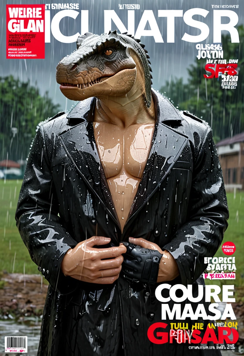 Magazine cover,Fierce Tyrannosaurus(Wearing a black trench coat),,(No humans),E7E48U，Wet body，rain, Background grassland
