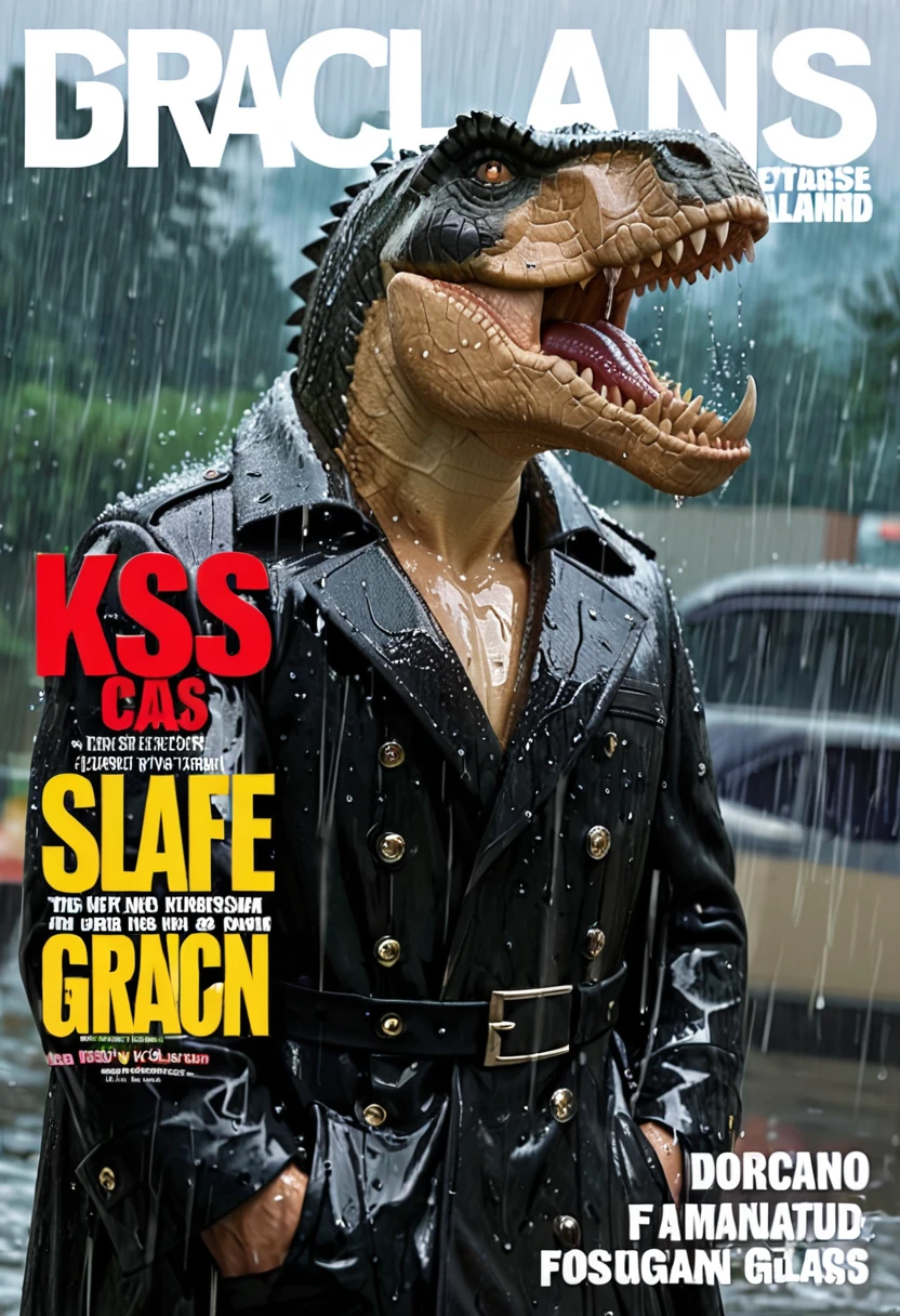 Magazine cover,Fierce Tyrannosaurus(Wearing a black trench coat),,(No humans),E7E48U,Wet body,rain, Background grassland