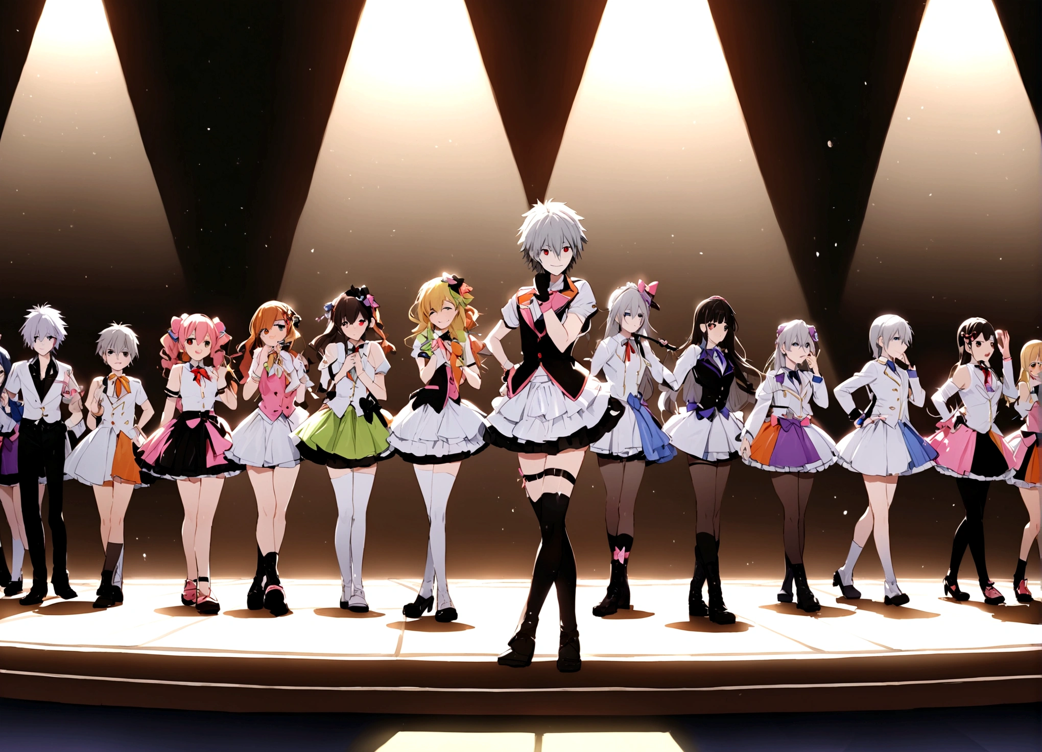 masterpiece, best quality, extremely detailed, evangelion kaworu nagisa, kaworu nagisa, genderbend, girl, seductive, hot, cute, idol, cheerful face, strong shining aura, cute idol clothes, alot of accessories, (cute hair accessories and special clothes for kaworu), idol group member, (center, in middle, spotlight only kaworu), on stage, the prettiest member, multiple different people, (focusing on kaworu, center)