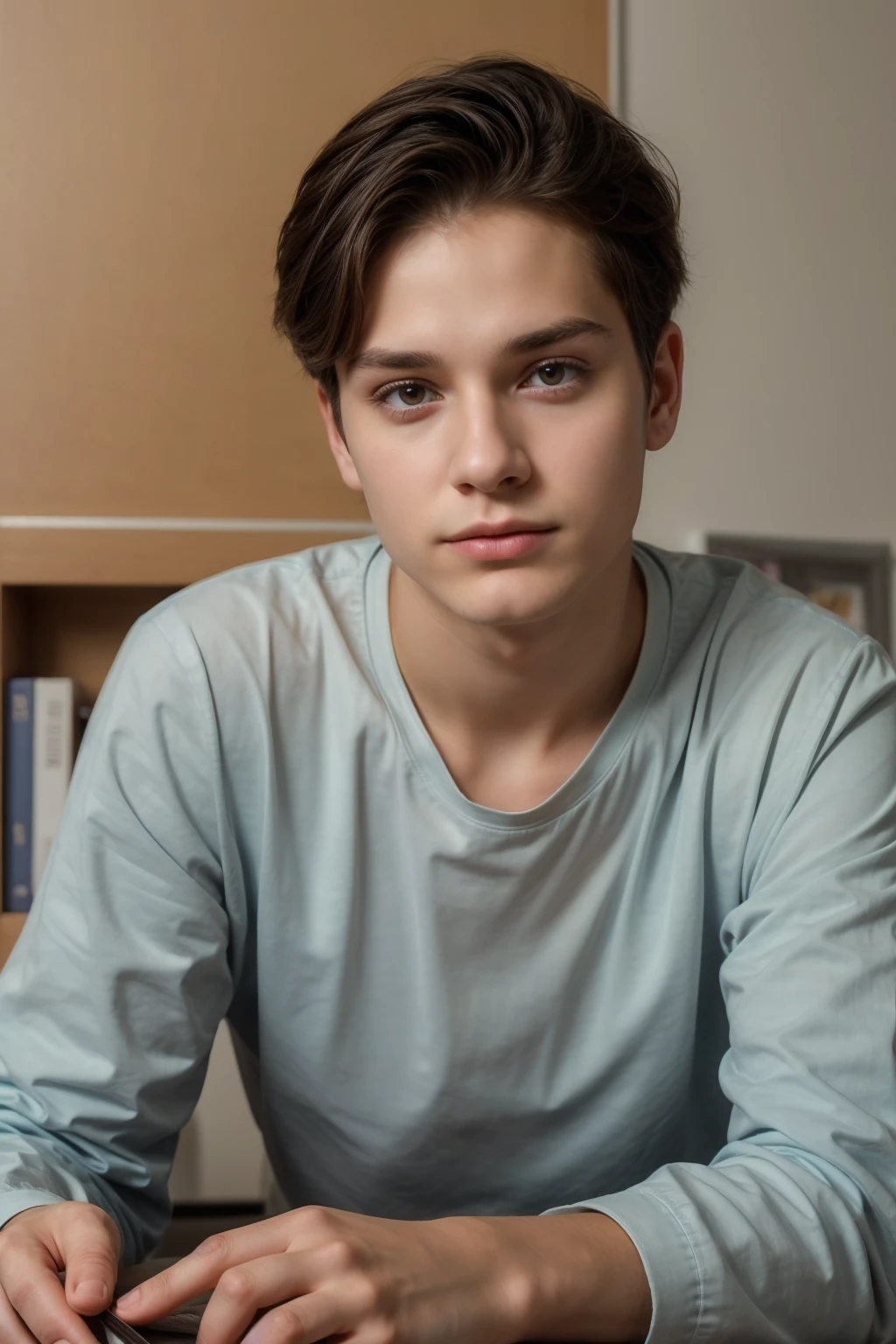 A beautiful young man, male, a cute twink, with black hair and a face with make-up, wearing a white long-sleeved shirt and aquamarine jeans, and he is in his office, and behind him is a blackboard on which is written the shape of the brain and its anatomy, and nuclear energy comes out of it, and he has a face with make-up and his eyes.  There are dark circles underneath while he is sitting, looking innocent, with a beautiful face with make-up and a neuroscience book in his hand