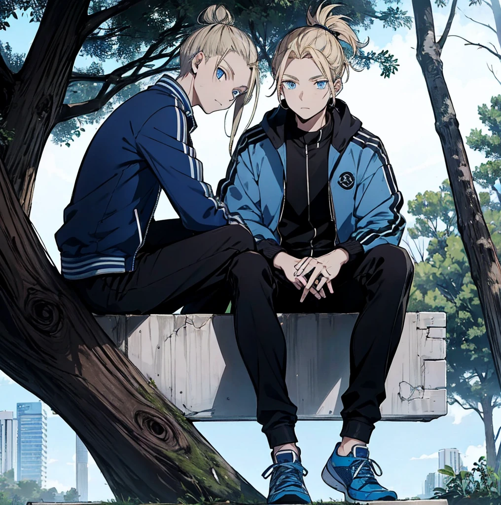 One person, Tall, tannish, male, lean and fit, blonde hair put in manbun, deep blue eyes, wearing blue track jacket, black pants, blue and black high tops, five Pokeballs at waist, relaxing in tree.