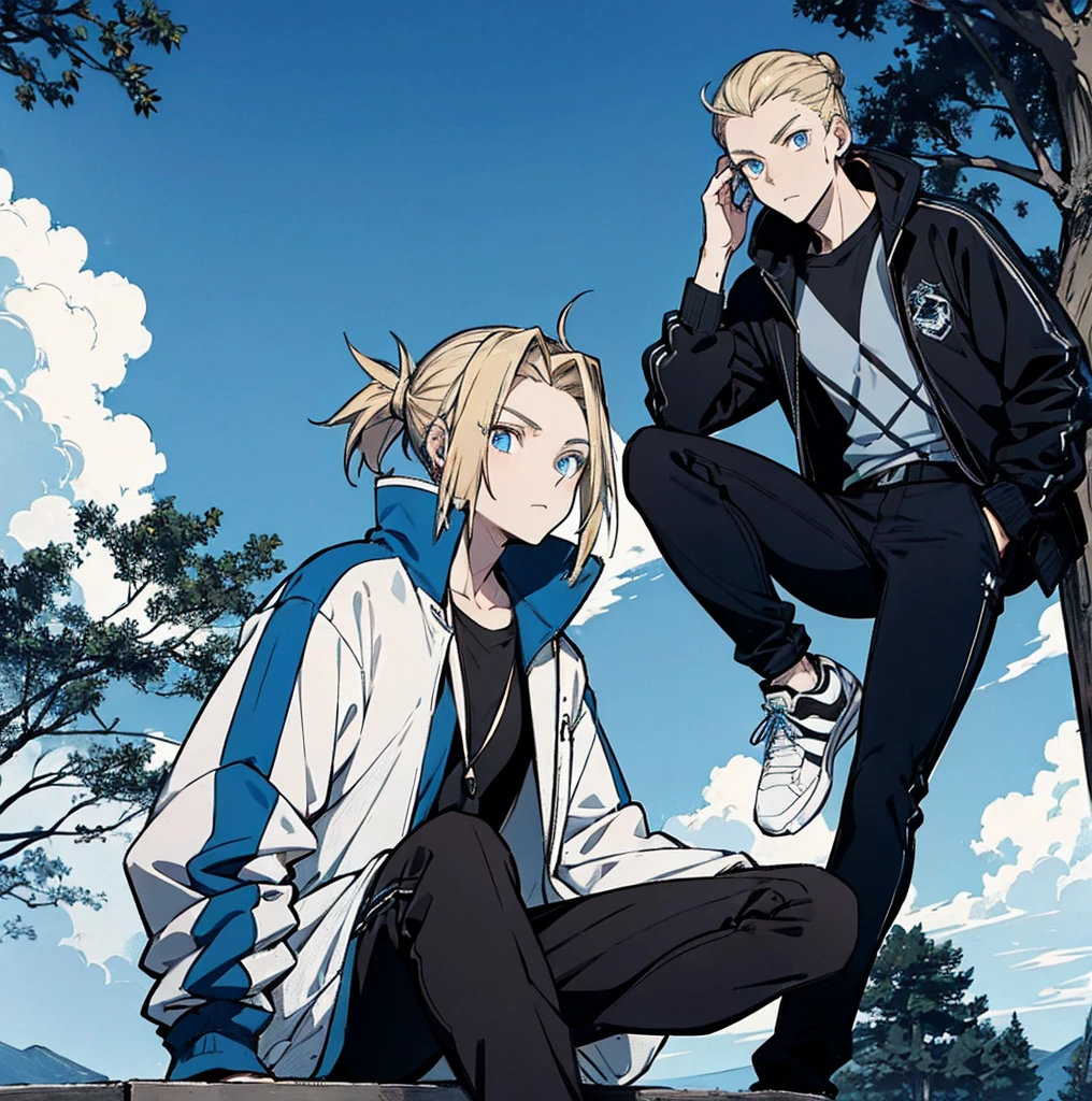 One person, Tall, tannish, male, lean and fit, blonde hair put in manbun, deep blue eyes, wearing blue track jacket, black pants, blue and black high tops, five Pokeballs at waist, relaxing in tree.