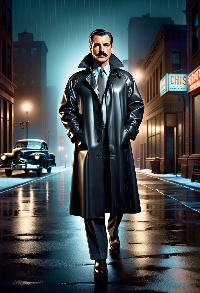 (((((((((masterpiece, best quality: 1.2), detailed whole body, Detective Mike Torello in a black leather raincoat, mustache, (Muted colors: 1.2, dark studio, edge lighting, two-tone lighting, muted lighting, restrained tone),
Poster of the 1950s, (Noir style), Detective, (noir atmosphere:1.7), gloomy atmosphere, emphasis on noir colors,
1950s (/style crime story/),Chicago, Illinois, (detective) He put on his raincoat and stepped out into the cold night air, ready to follow the criminal wherever she led.
The trend on ArtStation and the trend on CGSociety are complex, highly detailed, dramatic, photorealistic drawings by Midgourney and Greg Rutkowski.