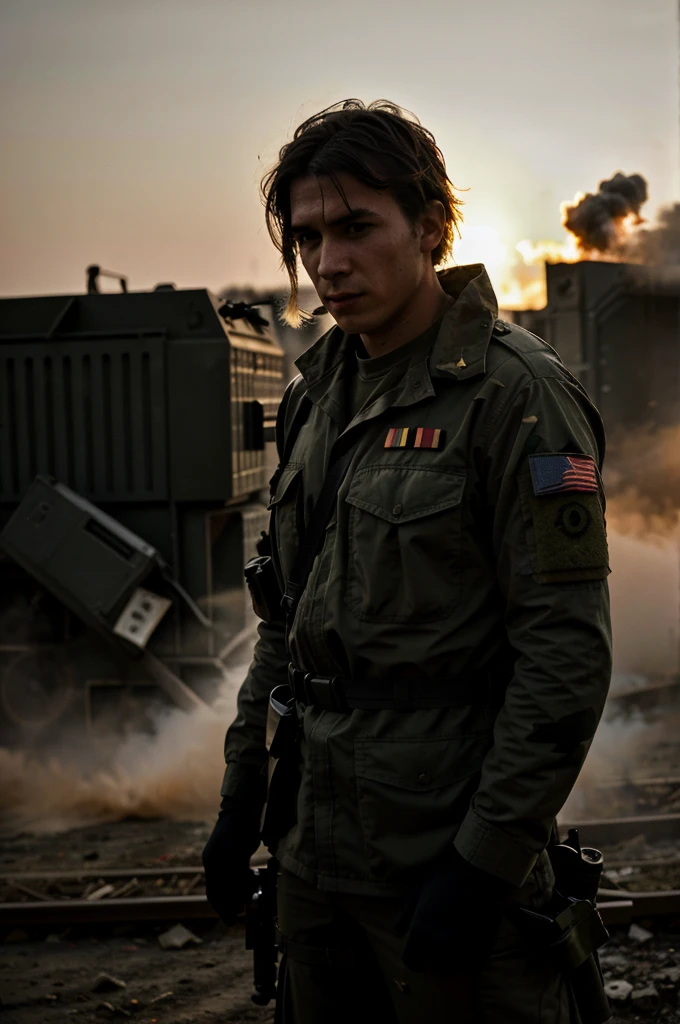 [Battlefield] photo of a [27 yo man], [professional soldier], [camouflage uniform], [defensive position], [smoke and explosions], [European setting], [late afternoon dusk lighting], [high camera angle], [long zoom lens medium format camera], in the style of [Apocalypse Now]