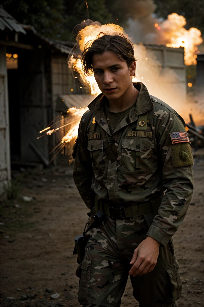 [Battlefield] photo of a [27 yo man], [professional soldier], [camouflage uniform], [defensive position], [smoke and explosions], [European setting], [late afternoon dusk lighting], [high camera angle], [long zoom lens medium format camera], in the style of [Apocalypse Now]