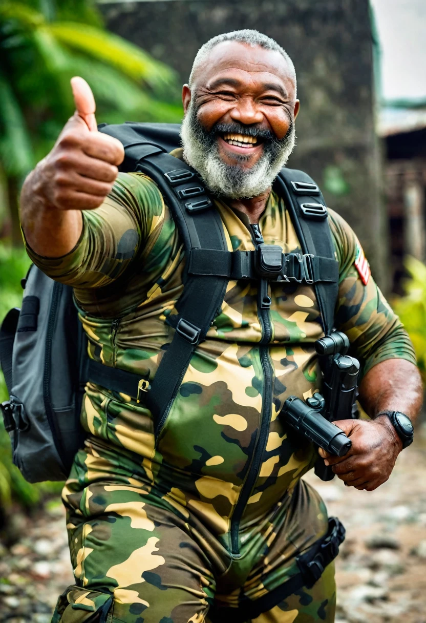 (a dark-skinned bearded fat muscular old man in a bulky army camouflage zipper diver suit) masturbating, thumbs up, carrying a gun, muscular, Bruce Onobrakpeya, sumatraism, stanley artgermm, action, heroic, fierce, smiling