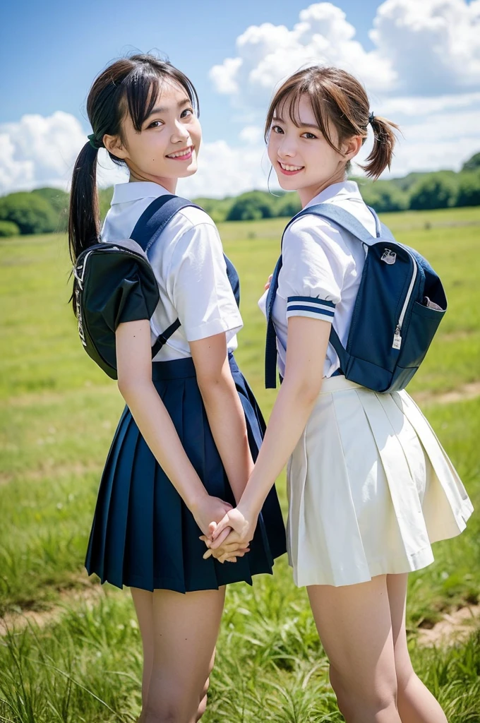 2 girls walking in rural field,cumulonimbus cloud in summer blue sky,white sailor shirt,navy blue pleated micro mini skirt,student bag,18-year-old,bangs,a little smile,thighs,knees,wet short hair with low pigtails bunches,from beside,front light