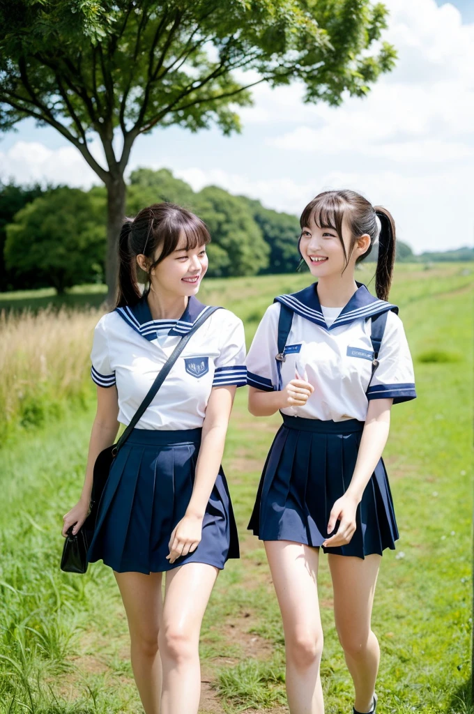 2 girls walking in rural field,cumulonimbus cloud in summer blue sky,white sailor shirt,navy blue pleated micro mini skirt,student bag,18-year-old,bangs,a little smile,thighs,knees,wet short hair with low pigtails bunches,from beside,front light