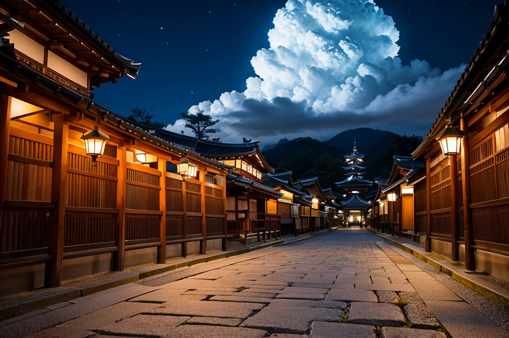 Kyoto at night, moonlit clouds, torii gate in distance in background, fine cobblestones, old streets of Kyoto, no text