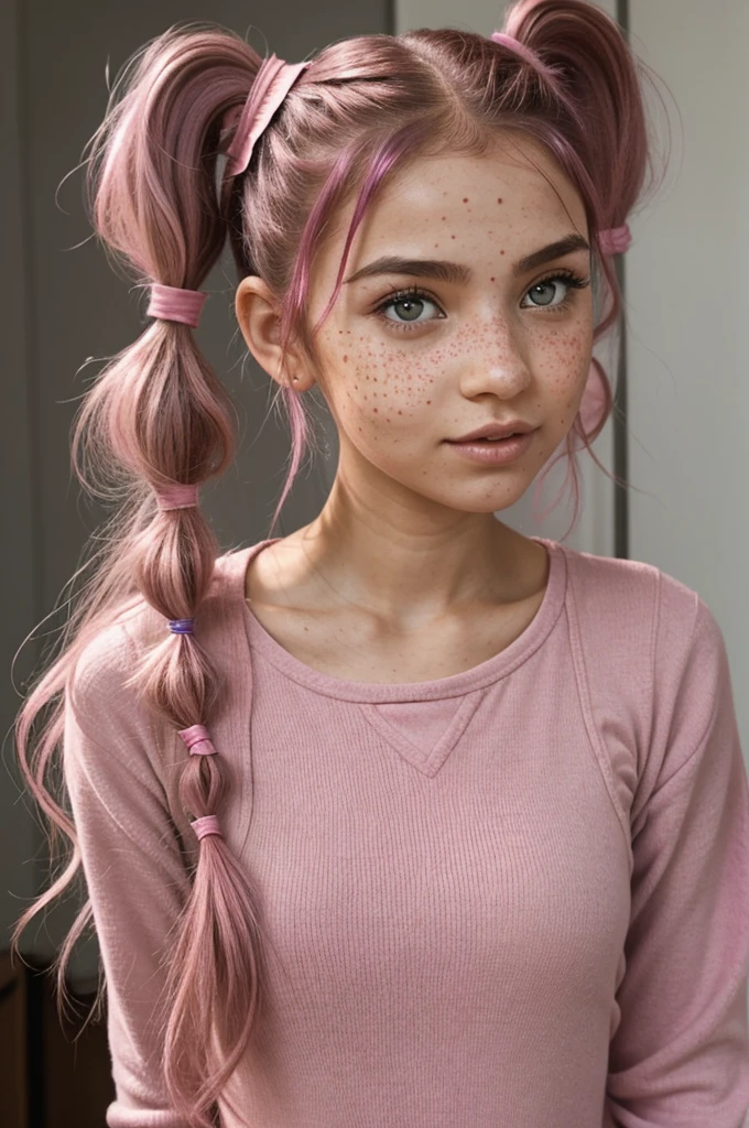 Inside Out Anxiety 2 (narana with crazy hair) I speak with love (a girl with skin , pink eyes and hair, heart shaped freckles, with hair up in pigtails