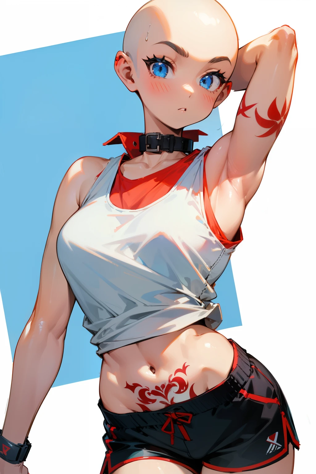 Cute bald girl, blue eyes, tattoos, red collar, white tank top, black shorts, big