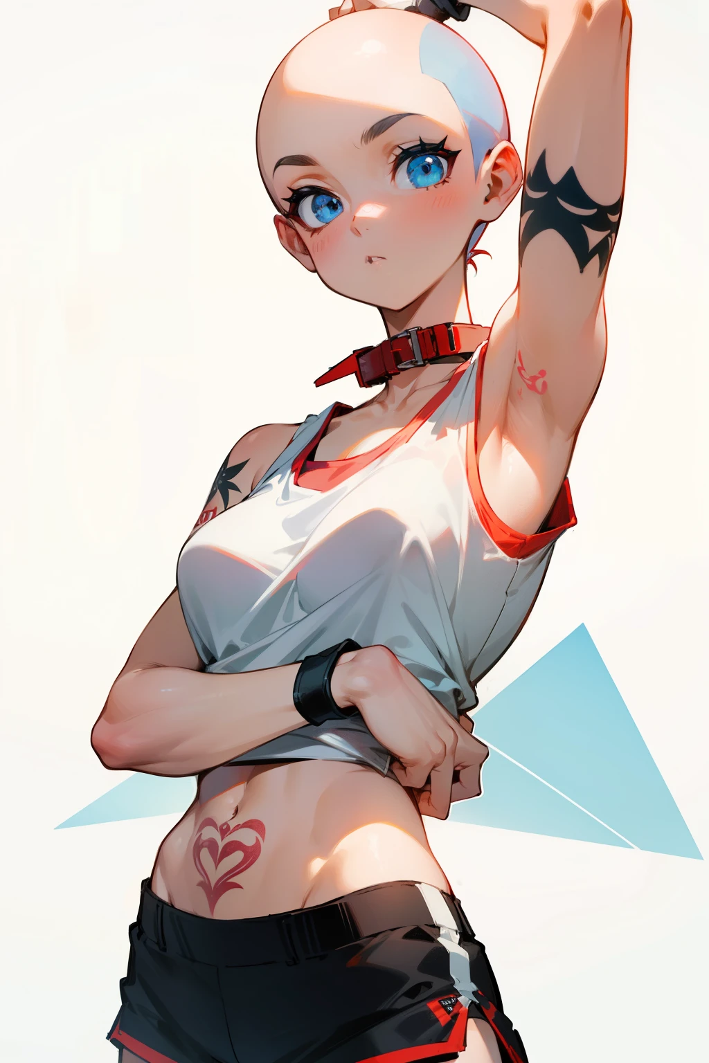 Cute bald girl, blue eyes, tattoos, red collar, white tank top, black shorts, big