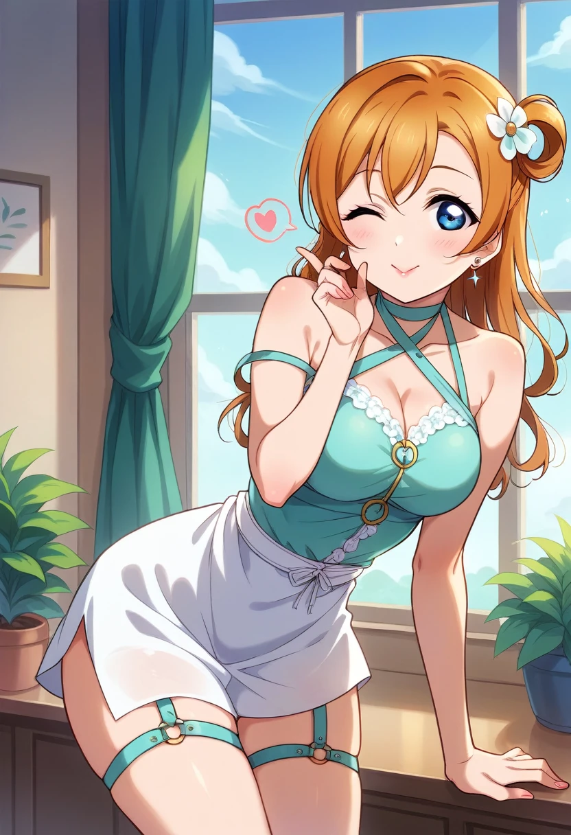 Honoka kousaka love live, cowboy shot, blue eyes, orange hair,hair flower, solo, Fashion , bshoulders, perfect eyes, Perfect iris，Perfect skin，Soft front light，Casual，indoors；（pastel colour:1.2）, halter neck,thin straps , sexy,(lipstick:0.8), breasts ,sexy pose,wink, (slightly bent over:0.8), bottom up , detailed breasts , thighs, shiny glossy skin, blowing kiss