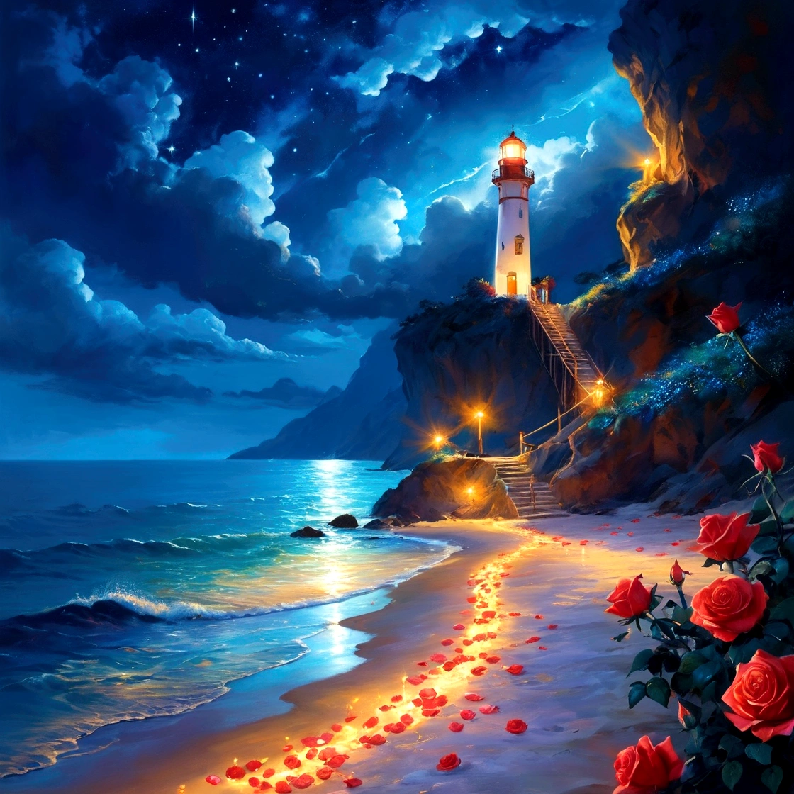 Moonless nights,seaside,Long shot,In the distance is the quiet and bright starry sky and the lighthouse on the island,There is glowing sea water and beach in the lower right corner of the picture,(seaside有一条发光的明亮的弯曲的小路延伸到南方,There are large patches of red roses growing on the roadside, emitting golden light, and the flowers illuminate the path.),Glowing rose petals floating on the sea,Clear edge glow rendering,Neon light effects,Emphasize the bright colors in the lower right corner,Strong color contrast,水彩画Ink splashing质感,Light and Shadow Art,Gorgeous, romantic, beautiful and dreamy atmosphere,Large game CG scenes,Light painting rendering,Light particle effects,Flowing Lights,seaside闪烁的明亮的灯光, Beautiful art UHD 4K, Oil painting texture,Beautiful Numbers艺术作品, A quiet night. Beautiful Numbers, Amazing wallpapers, 4k highly detailed digital art, Fantasy seascape, 4K HD illustration wallpaper, beautiful digital illustration,8k concept art,Fantasy Art,Ink splashing