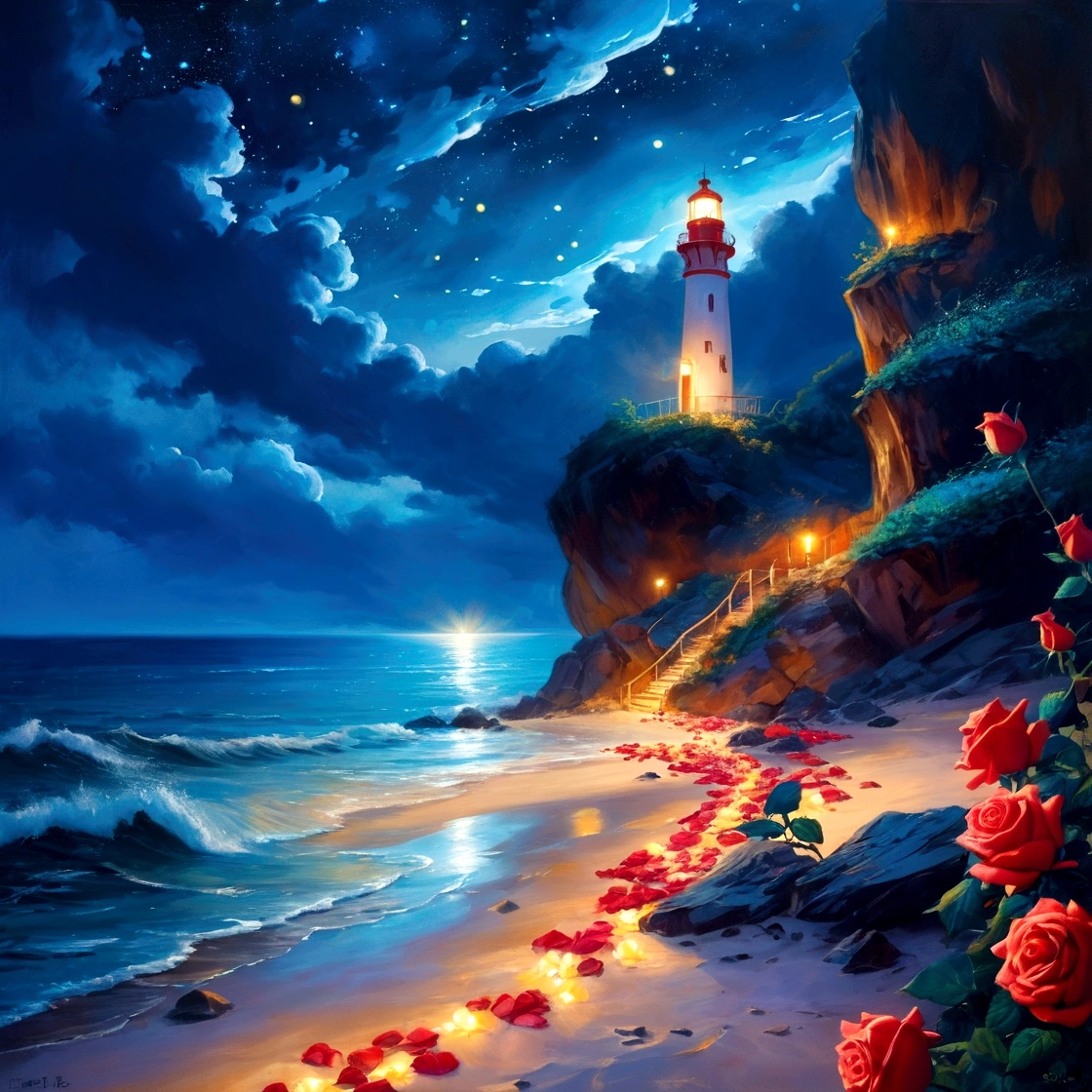 Moonless nights，seaside，Long shot，In the distance is the quiet and bright starry sky and the lighthouse on the island，There is glowing sea water and beach in the lower right corner of the picture，(seaside有一条发光的明亮的弯曲的小路延伸到南方，There are large patches of red roses growing on the roadside, emitting golden light, and the flowers illuminate the path.)，Glowing rose petals floating on the sea，Clear edge glow rendering，Neon light effects，Emphasize the bright colors in the lower right corner，Strong color contrast，水彩画Ink splashing质感，Light and Shadow Art，Gorgeous, romantic, beautiful and dreamy atmosphere，Large game CG scenes，Light painting rendering，Light particle effects，Flowing Lights，seaside闪烁的明亮的灯光， Beautiful art UHD 4K， Oil painting texture，Beautiful Numbers艺术作品， A quiet night. Beautiful Numbers， Amazing wallpapers， 4k highly detailed digital art， Fantasy seascape， 4K HD illustration wallpaper， beautiful digital illustration,8k concept art，Fantasy Art，Ink splashing