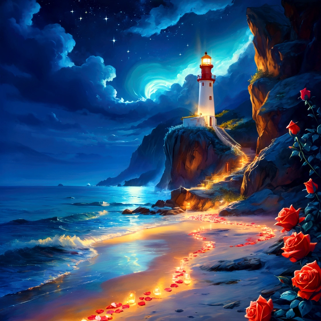Moonless nights,seaside,Long shot,In the distance is the quiet and bright starry sky and the lighthouse on the island,There is glowing sea water and beach in the lower right corner of the picture,(seaside有一条发光的明亮的弯曲的小路延伸到南方,There are large patches of red roses growing on the roadside, emitting golden light, and the flowers illuminate the path.),Glowing rose petals floating on the sea,Clear edge glow rendering,Neon light effects,Emphasize the bright colors in the lower right corner,Strong color contrast,水彩画Ink splashing质感,Light and Shadow Art,Gorgeous, romantic, beautiful and dreamy atmosphere,Large game CG scenes,Light painting rendering,Light particle effects,Flowing Lights,seaside闪烁的明亮的灯光, Beautiful art UHD 4K, Oil painting texture,Beautiful Numbers艺术作品, A quiet night. Beautiful Numbers, Amazing wallpapers, 4k highly detailed digital art, Fantasy seascape, 4K HD illustration wallpaper, beautiful digital illustration,8k concept art,Fantasy Art,Ink splashing