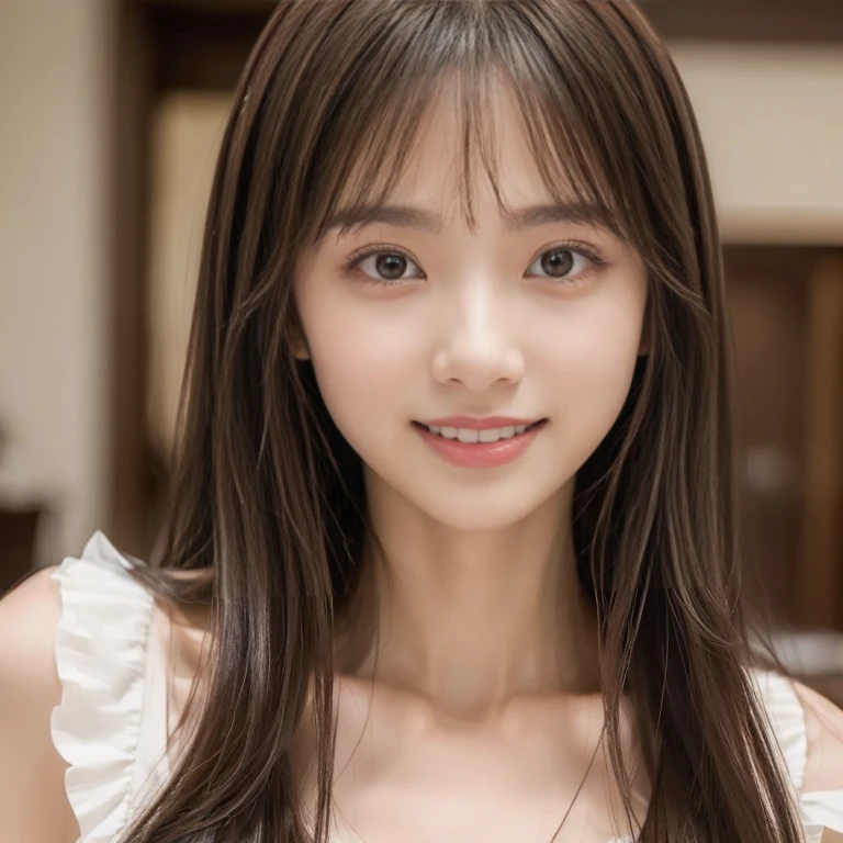 (Sensual look:1.9), ((Full Body Shot:1.9 Highest quality)), (panorama:1.8), Cinema Lighting, (RAW Photos, Highest quality), ( Realistic:1.4), realism, masterpiece, Very delicate and beautiful, Very detailed, 4k wallpaper, wonderful, finely, Very detailed CG unity 8k wallpaper, Very detailed, High resolution, Soft Light,Japanese, (one shot:1.9), (26 years old:1.6), (Height: 155cm, Weight: 48Kg:1.9), (Round face:1.2), (Fat:0.8), Beautiful detailed woman,Famous Japanese actresses, Detailed face, finelyて美しい目, Very detailedな目と顔, Beautiful eyes and a beautifully detailed nose, (Straight Hair:1.4), Shiny Hair, Shiny Hair, Brown Hair, (bangs:1.4), Long, slender legs, Toned body, (Smiling:1.5), Natural Makeup, (Exquisitely designed camisole:1.6), Unwind in the living room,