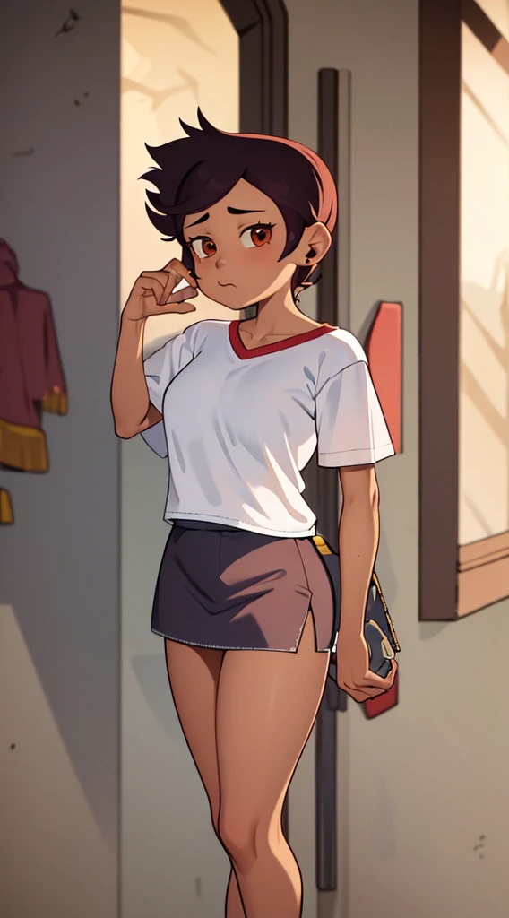 Luz Noceda, medium breasts, ((white smal shirt and a red and black stripped miniskirt)), high quality fanart, open legs Style, official fanart, , official art, (nsfw)