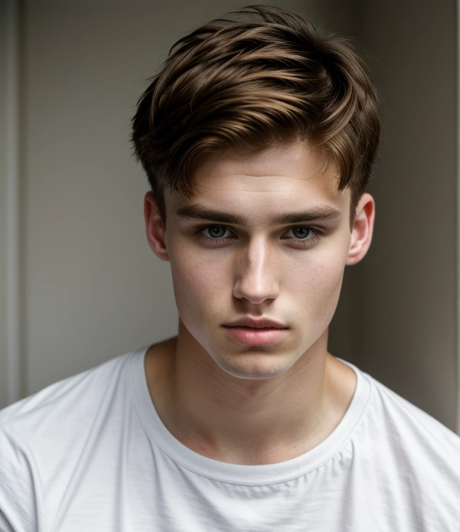 ultra-high-resolution 8K, best quality, (photo realistic:1.4), fashion model, man, 22years old, caucasian, fair skin with detailed and realistic skin texture, ((short hair, brown hair, center part hairstyle)), closed mouth, wearing white no-sleeve top, exuding the vibe of a fashion model with a neutral, serious expression, facing viewer, looking at viewer, (upper body), detailed hair, epiC35mm