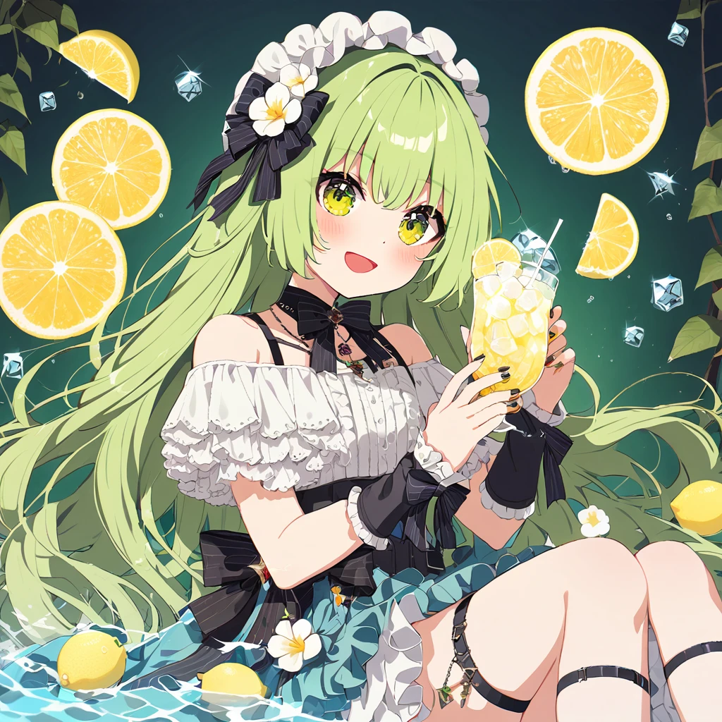 1 Girl, Solitary, have, white flower, flower, Long hair, lemon, holmoralitying, very Long hair, Smile, water果, Hair between the eyes, moralityress, Bangs, Wrist sleeves, bare shoulmoralityers, lemon slice, :morality, bow, Green Eyes, Looking at the audience, white moralityress, foomorality, sit, water, blush, Feet out of frame, Knees up, polka moralityot, holmoralitying cup, open mouth, cup, Ruffles, off shoulmoralityer, Necklace, Green Hair, have bow, Thigh straps, brown heamoralitywear, straw have, clavicle, sun have, Nail polish, have flower, off-shoulmoralityer moralityress, Ice cubes, frillemorality moralityress, black Necklace, Yellow eyes