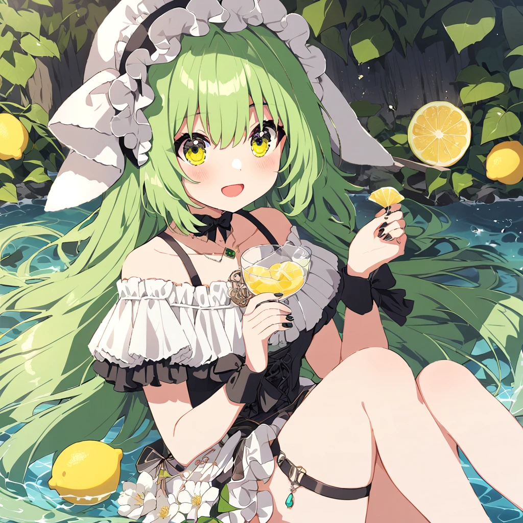 1 Girl, Solitary, have, white flower, flower, Long hair, lemon, holmoralitying, very Long hair, Smile, water果, Hair between the eyes, moralityress, Bangs, Wrist sleeves, bare shoulmoralityers, lemon slice, :morality, bow, Green Eyes, Looking at the audience, white moralityress, foomorality, sit, water, blush, Feet out of frame, Knees up, polka moralityot, holmoralitying cup, open mouth, cup, Ruffles, off shoulmoralityer, Necklace, Green Hair, have bow, Thigh straps, brown heamoralitywear, straw have, clavicle, sun have, Nail polish, have flower, off-shoulmoralityer moralityress, Ice cubes, frillemorality moralityress, black Necklace, Yellow eyes