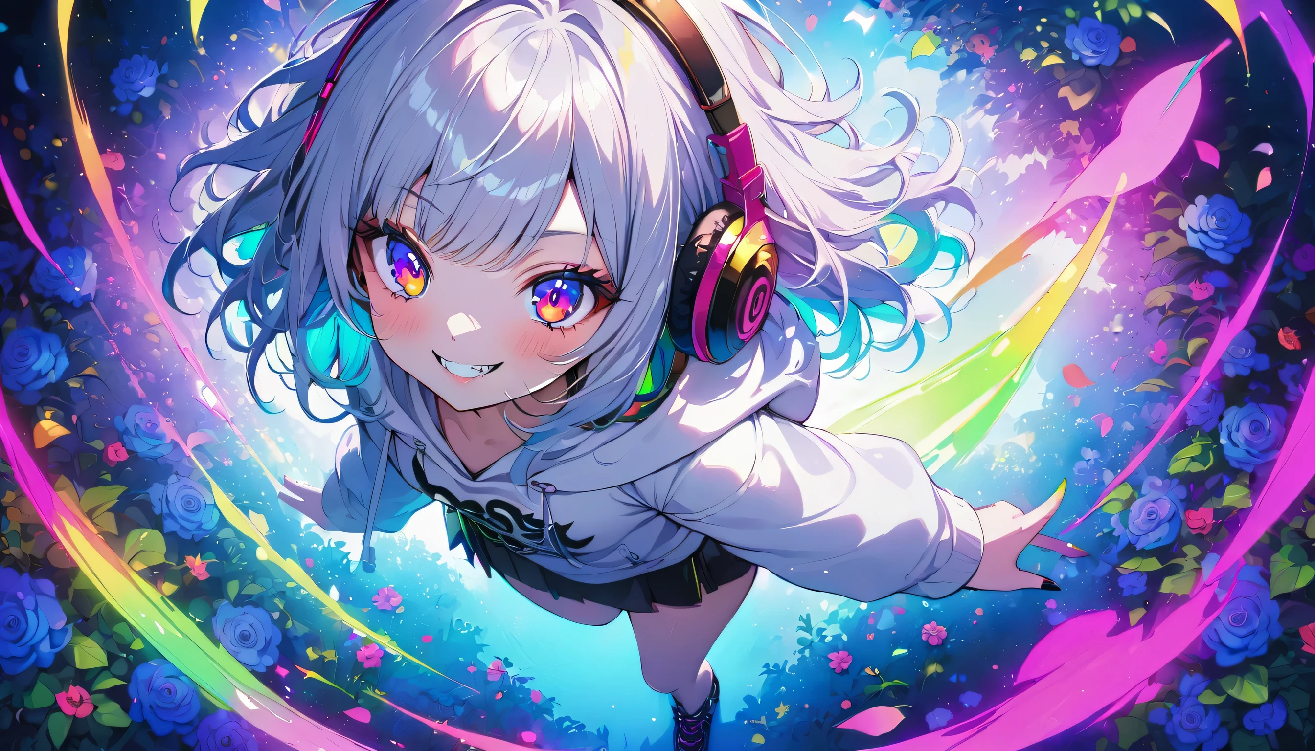 ((Masterpiece)), ((best quality)), (Anime:1.3), (super detail:1.2), (High Definition:1.3), (Professional Photography:1.3), cute young Girl, (Toy Rocket launcher on the shoulder), Glossy unruly hair, (loose swept bangs), (silver ash hair), medium hair, big eyes, (Eye bags:1.3), (Long eyelashes), colorful eyes, (evil smile and blush), Glossy lips, (jagged teeth), farewell, (white hoodie with oversized), (black mini skirt), barearms, cute, (colorful:1.3), gothic makeup, (wearing headphone), neon-lit, pretty, Celtic, maniac, gazing skyward, colorful petals dance around, at flower garden, (from above:1.3),