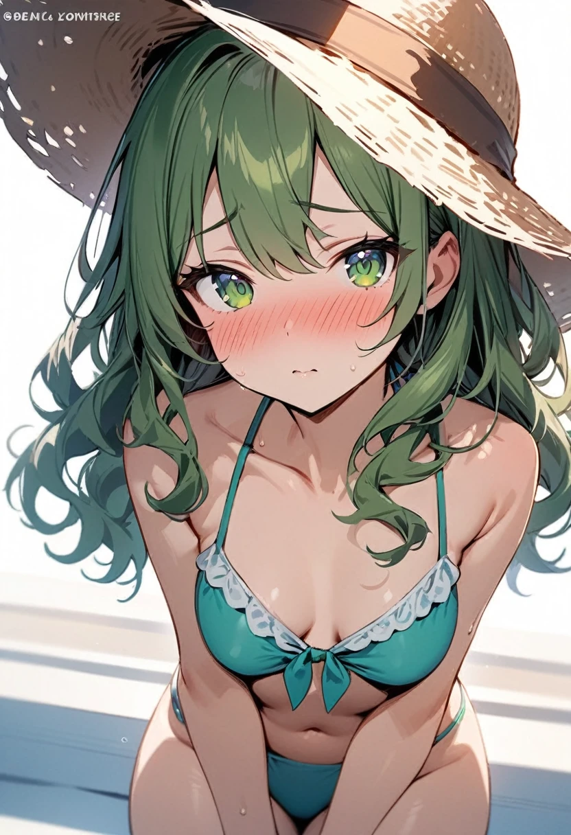 (masterpiece), (best quality), 1girl, small breasts, long hair, wavy hair, green eyes, bikini, sunhat, looking at viewer, blush shy, white background