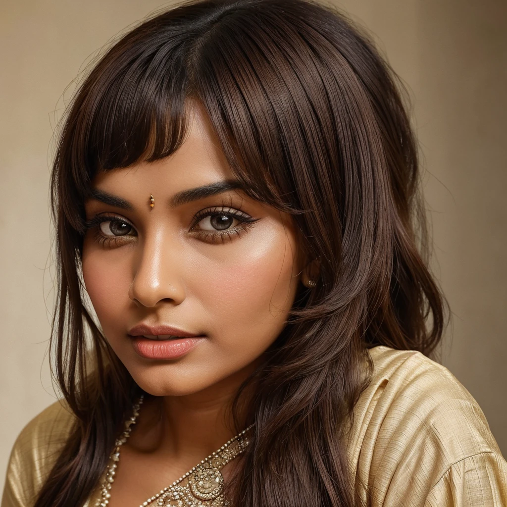 In this vivid 1950s-inspired color image, a mesmerizing Indian woman, aged 30, is elegantly draped in a traditional saree. Her long, luminous brown hair is meticulously pulled back into a ponytail, with short side-swept bangs/fringes delicately cascading towards the left side of her head, starting from the left side of her eyebrow and gracefully ending at the right side. The ends of her bangs/fringes are skillfully cut into a sharp, geometric square shape, forming a striking contrast against her traditional attire. The bangs/fringes are intricately