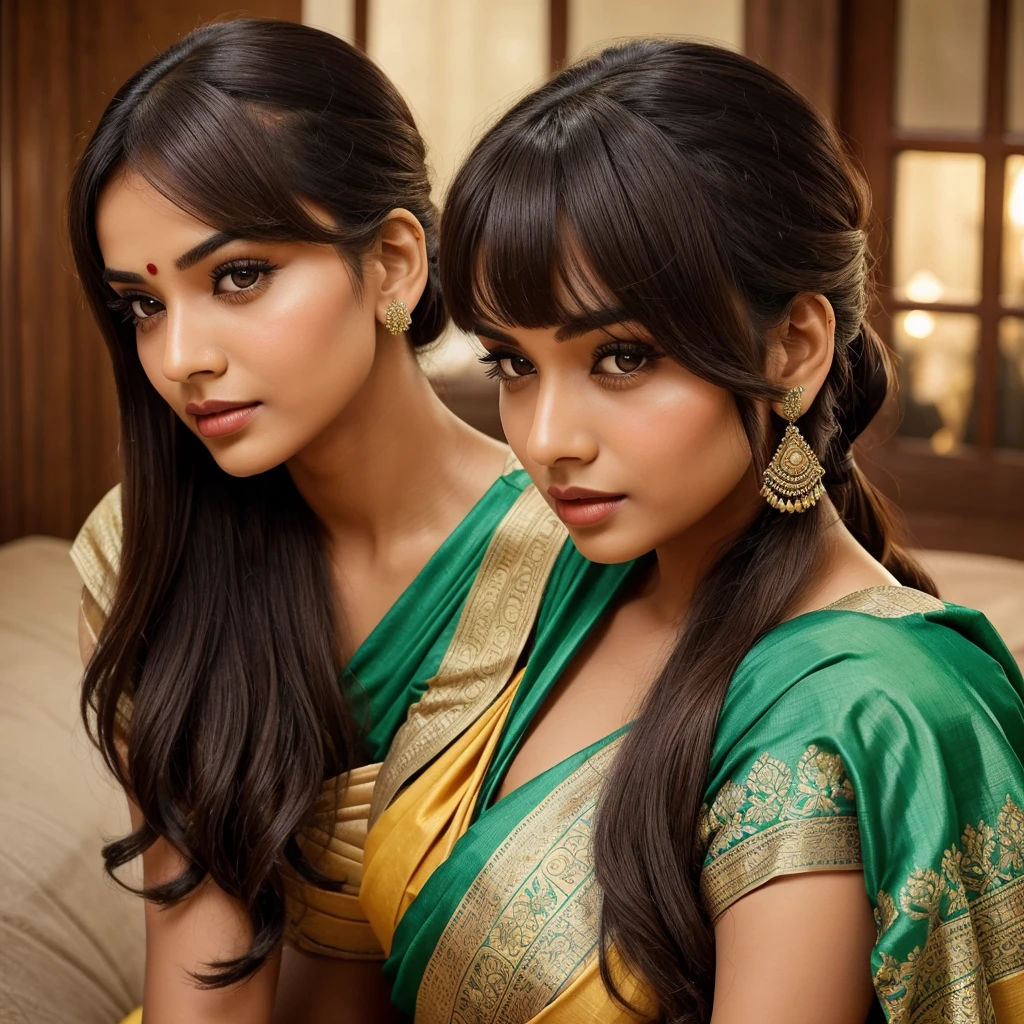 In this vivid 1950s-inspired color image, a mesmerizing Indian woman, aged 30, is elegantly draped in a traditional saree. Her long, luminous brown hair is meticulously pulled back into a ponytail, with short side-swept bangs/fringes delicately cascading towards the left side of her head, starting from the left side of her eyebrow and gracefully ending at the right side. The ends of her bangs/fringes are skillfully cut into a sharp, geometric square shape, forming a striking contrast against her traditional attire. The bangs/fringes are intricately