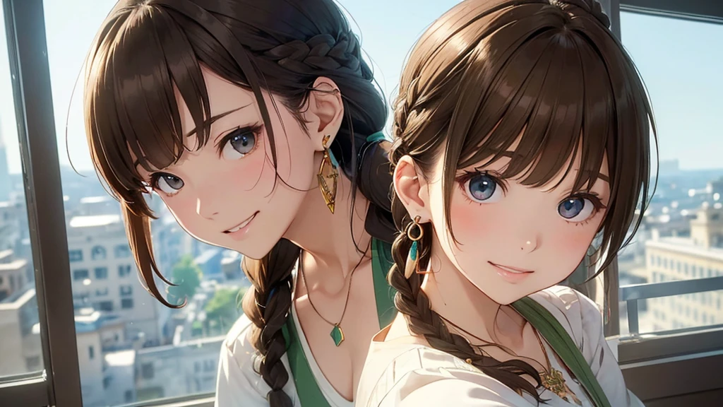 4k art、A small, dirty room in a skyscraper、Staring at the PC、Woman in her 40s、(stylish, Dress relaxed、(Light brown hair)bangs、cheek(Dark Eyeasterpiece 1.2)Delicate illustrations with attention to detail、 (Ancient capital:1.2) (The background is fresh green)、blue sky、Detailed Background、whole bodyが写る、A shy smile、Through clenched teeth、Through clenched teeth、lip、cheek、cheek(Flat Color: 0.8)、(masterpiece: 1,2)、(masterpiece: 1,2)、High resolution、Ultra high definition、Highest quality、High resolution、Ultra-thin illustration、Makoto Shinkai style、Your Name is Style、Short Bob、necklace、Earrings、Dynamic pose、Selfie、whole body、Brown Hair、Braiding、、ponytail･、necklace、Valletta、ribbon、Earringanicure、Selfie。

