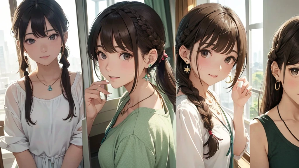 4k art、A small, dirty room in a skyscraper、Staring at the PC、Woman in her 40s、(stylish, Dress relaxed、(Light brown hair)bangs、cheek(Dark Eyeasterpiece 1.2)Delicate illustrations with attention to detail、 (Ancient capital:1.2) (The background is fresh green)、blue sky、Detailed Background、whole bodyが写る、A shy smile、Through clenched teeth、Through clenched teeth、lip、cheek、cheek(Flat Color: 0.8)、(masterpiece: 1,2)、(masterpiece: 1,2)、High resolution、Ultra high definition、Highest quality、High resolution、Ultra-thin illustration、Makoto Shinkai style、Your Name is Style、Short Bob、necklace、Earrings、Dynamic pose、Selfie、whole body、Brown Hair、Braiding、、ponytail・、necklace、Valletta、ribbon、Earringanicure、Selfie。