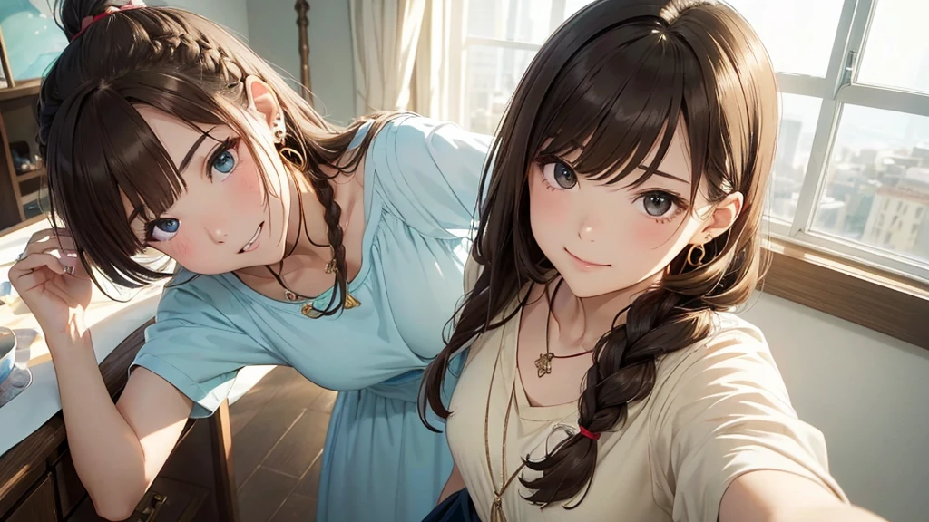 4k art、A small, dirty room in a skyscraper、Staring at the PC、Woman in her 40s、(stylish, Dress relaxed、(Light brown hair)bangs、cheek(Dark Eyeasterpiece 1.2)Delicate illustrations with attention to detail、 (Ancient capital:1.2) (The background is fresh green)、blue sky、Detailed Background、whole bodyが写る、A shy smile、Through clenched teeth、Through clenched teeth、lip、cheek、cheek(Flat Color: 0.8)、(masterpiece: 1,2)、(masterpiece: 1,2)、High resolution、Ultra high definition、Highest quality、High resolution、Ultra-thin illustration、Makoto Shinkai style、Your Name is Style、Short Bob、necklace、Earrings、Dynamic pose、Selfie、whole body、Brown Hair、Braiding、、ponytail･、necklace、Valletta、ribbon、Earringanicure、Selfie。
