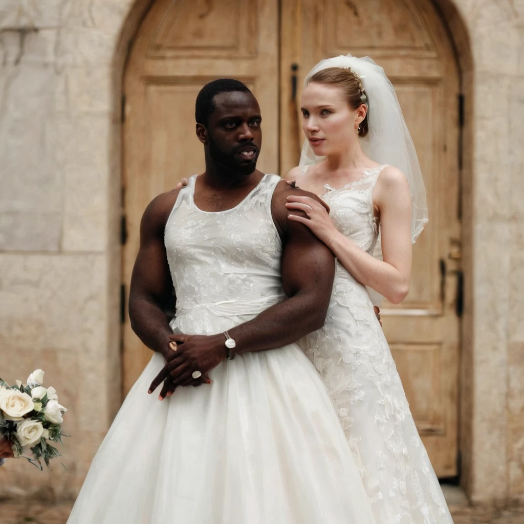 Pale skin woman in wedding dress wedding with a black man 