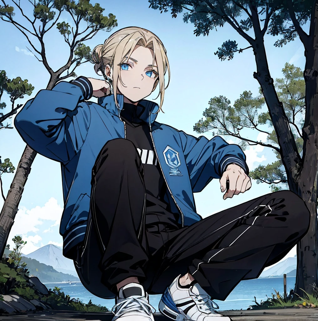 One person, Tall, tannish, male, lean and fit, blonde hair put in manbun, deep blue eyes, wearing blue track jacket, black pants, blue and black high tops, five Pokeballs at waist, relaxing in tree.