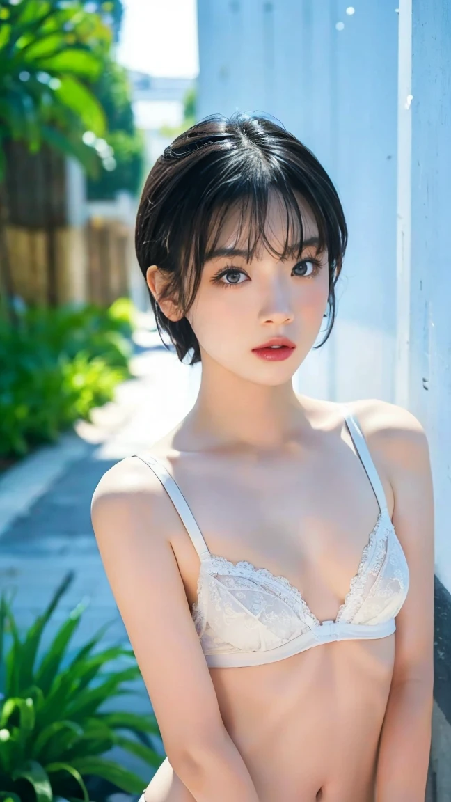 (8k、RAW Photos、highest quality、masterpiece:1.2)、(Realistic、Realistic)、1 Japanese girl、(Short hair)、((Black Hair))、((White Lingerie))、((Petite Woman))、(((Small Breasts)))、Lots of eyelashes、Glowing eyelids、skeletally correct