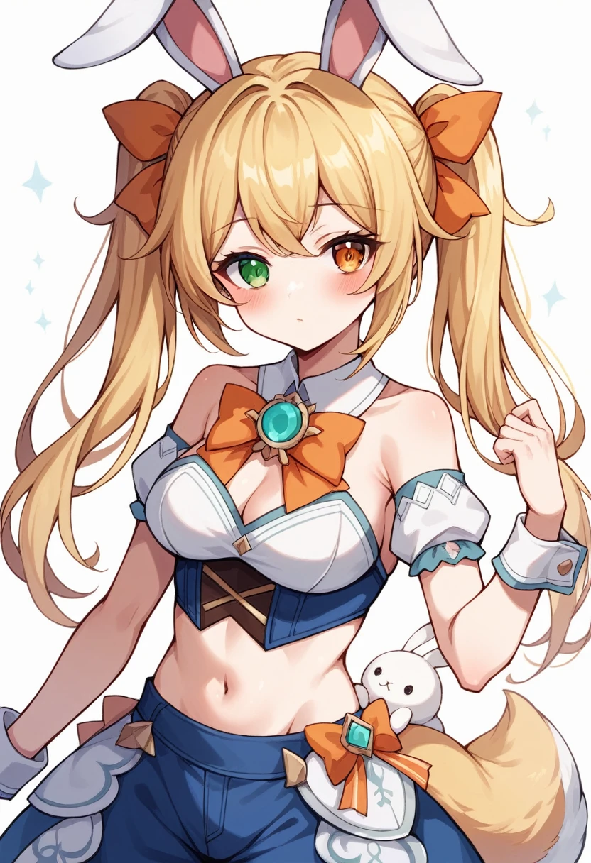 1girl, animal ears, bangs, bare shoulders, blonde hair, blush, bow, breasts, white cleavage, cropped torso, , green eyes, hair ribbon, heterochromia, stlooking at viewer, orange bow, orange eyes, orange ribbon, ears like an unearthly animal, fluffy tail, light tail, real tail, ribbon, solo, stuffed animal, stuffed bunny, , twintails, upper body, full-length, white legbands, white shoes with lace and white bows, white background, wrist cuffs, yellow eyes, bloomers, close-up, fair skin frills, lace, midriff, skirt, solo, , white background,shorts, white top with ribbon and lace and trousers,trousers, genshin,white slippers with a bow,All clothes are white, laceAt full height, it stands, в полный рост
