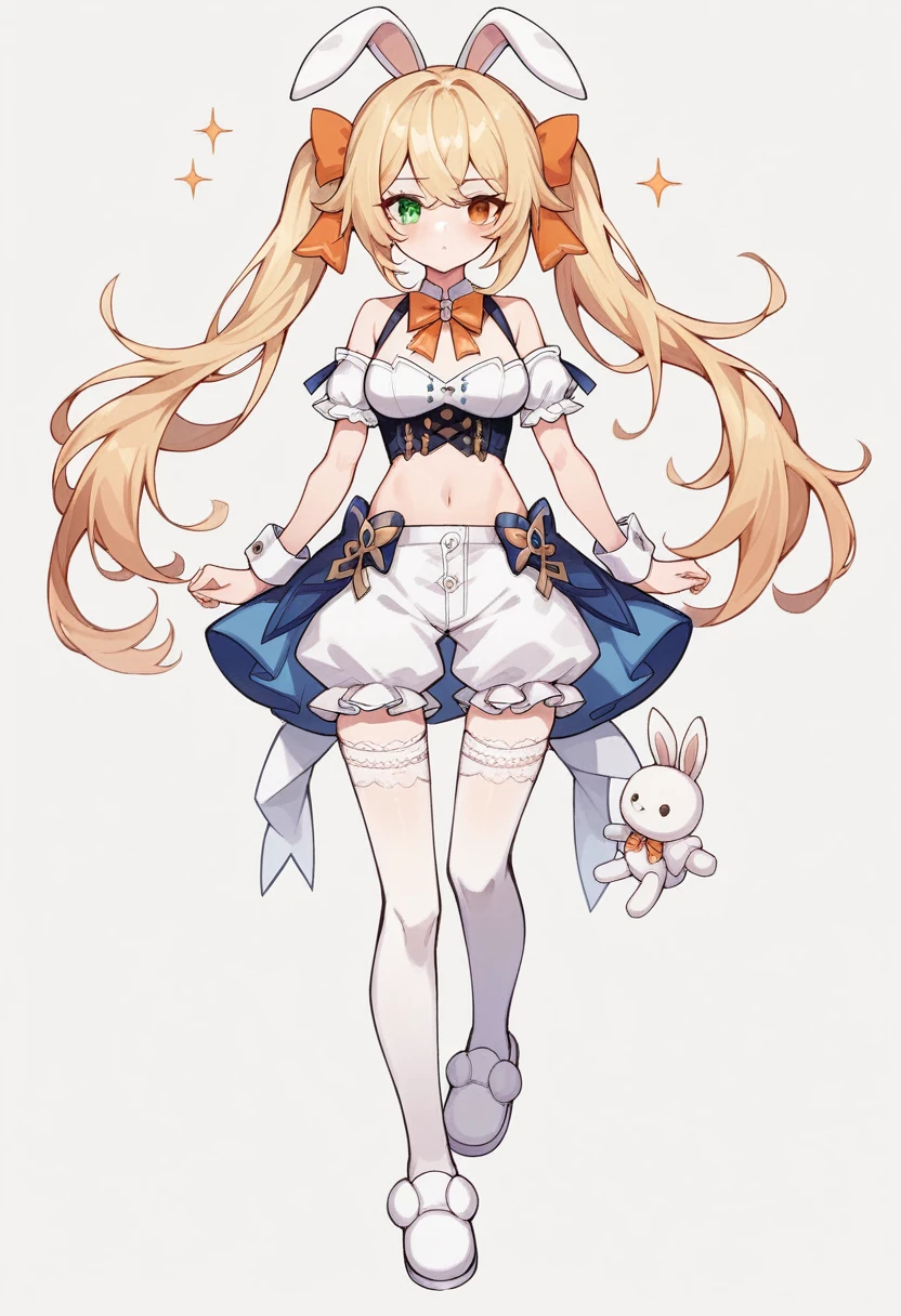 1girl, animal ears, bangs, bare shoulders, blonde hair, blush, bow, breasts, white cleavage, cropped torso, , green eyes, hair ribbon, heterochromia, stlooking at viewer, orange bow, orange eyes, orange ribbon, ears like an unearthly animal, fluffy tail, light tail, real tail, ribbon, solo, stuffed animal, stuffed bunny, , twintails, upper body, full-length, white legbands, white shoes with lace and white bows, white background, wrist cuffs, yellow eyes, bloomers, close-up, fair skin frills, lace, midriff, skirt, solo, , white background,shorts, white top with ribbon and lace and trousers,trousers, genshin,white slippers with a bow,All clothes are white, laceAt full height, it stands, в полный рост