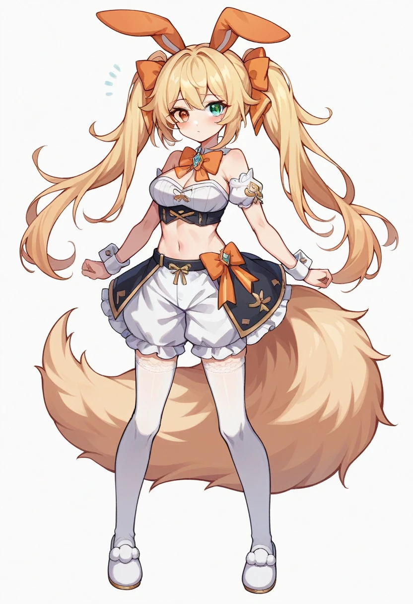 1girl, animal ears, bangs, bare shoulders, blonde hair, blush, bow, breasts, white cleavage, cropped torso, , green eyes, hair ribbon, heterochromia, stlooking at viewer, orange bow, orange eyes, orange ribbon, ears like an unearthly animal, fluffy tail, light tail, real tail, ribbon, solo, stuffed animal, stuffed bunny, , twintails, upper body, full-length, white legbands, white shoes with lace and white bows, white background, wrist cuffs, yellow eyes, bloomers, close-up, fair skin frills, lace, midriff, skirt, solo, , white background,shorts, white top with ribbon and lace and trousers,trousers, genshin,white slippers with a bow,All clothes are white, laceAt full height, it stands, в полный рост
