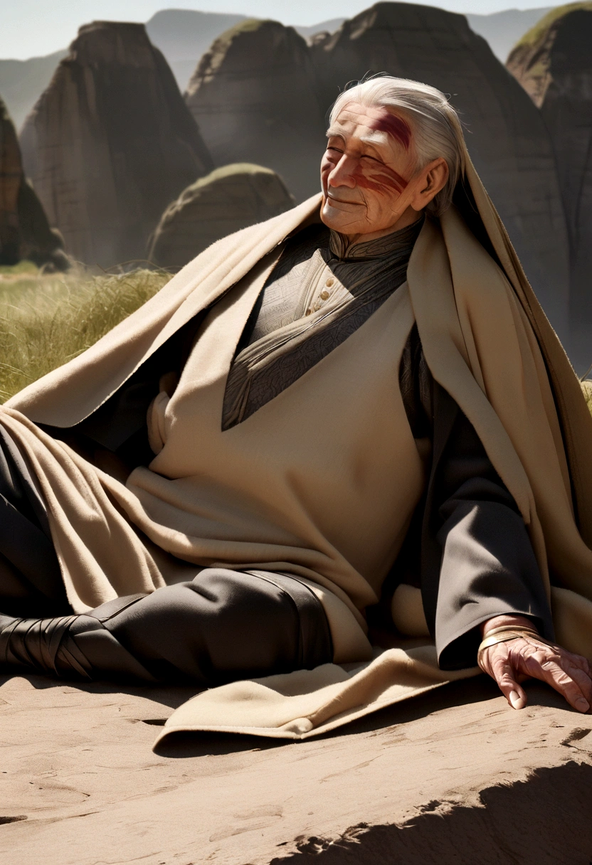 Depicting the Buddha&#39;s unwavering determination and hard work, Demonstrating his resilience when faced with difficulties on his spiritual journey, A man around 90 years old, Vulture Zen Master, Lying on your back and meditating、smile, Ultra-sharp focus,Sitting on a hill,frontage, Photo Real, Men's clothing in the Middle Ages, Tetrahedron Color (scar:1,4),I fasted for a month,Skinny,I&#39;m about to die、Extremely skinny,Too skinny,I can see the bones,