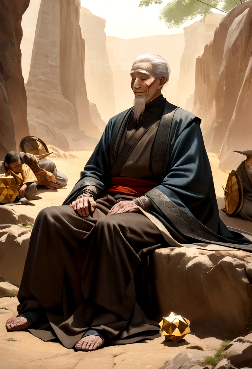 Depicting the Buddha's unwavering determination and hard work, Demonstrating his resilience when faced with difficulties on his spiritual journey, A man around 90 years old, Vulture Zen Master, Lying on your back and meditating、smile, Ultra-sharp focus,Sitting on a hill,frontage, Photo Real, Men's clothing in the Middle Ages, Tetrahedron Color (scar:1,4),I fasted for a month,Skinny,I'm about to die、Extremely skinny,Too skinny,I can see the bones,