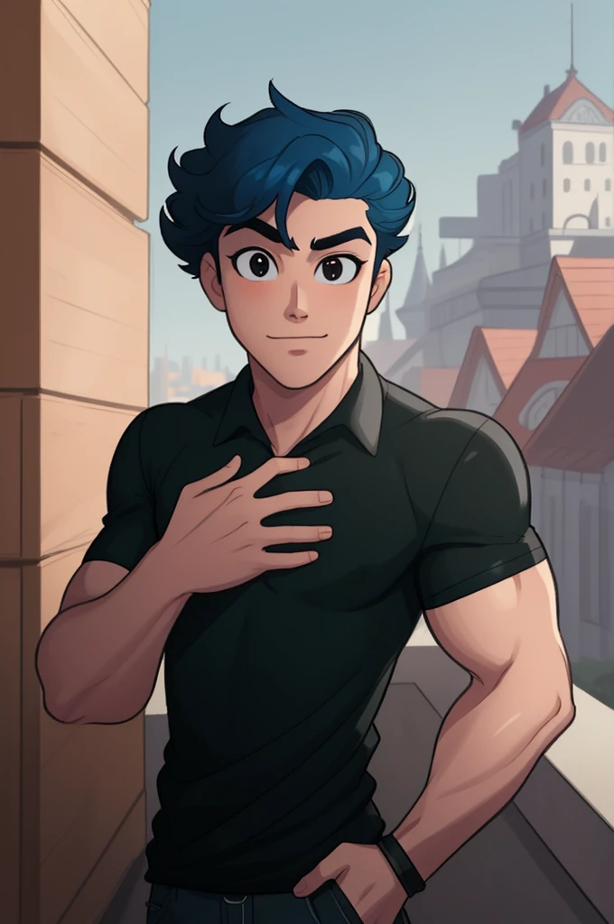 Masterpiece, best quality, 1boy, solo, male, age boy,15 yte, clean face, handsome, perfect face, curly hair style, deep blue hair, oval shaped eyes, dark black eyes, clever eyes, shiny eyes, Disney style eyes, small nose, impressed expressions , detailed face, standing, visible from face to chest, confirmed pose, half smiling, wearing black shirt, collared shirt, buttoned up, tight black shirt, muscular, shoulder muscles, sleeves up, upto chest, portrait style,looking at viewer, city in background, light and shadow