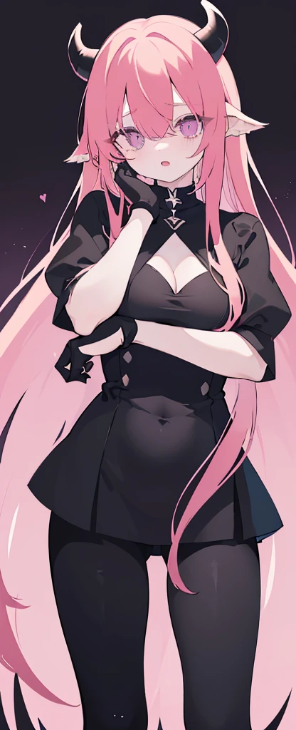 (((Long Red hair))),Rede hair,kawai,(((Eyes visible from bangs,hair over eyes:1.3))),,Huge breasts,(purple color eyes),,(purple slanted eyes),1girl in,bangs,long blonde hair, pantyhose,Cowboy Shot,white background,Straight hair hair,(On both sides of the head has sharp black devil horns) Using a white fox fur coat) wearing a black shirt (using black gloves) ((head bowed pose)) Ter's hair flows straight down, has two sharp black horns (slant purple eyes) Must wear a black shirt! (The black shirt sleeves are all black fabric. The shirt sleeves are folded up to the elbows.)Wearing black gloves) wearing open mouth as if in panic) wearing shiny, tight black pants (Tight black pants shine like rubber) hands down Slim body (Arms above chest pose (all black fabric)