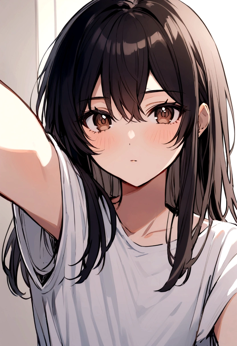 female teen taking a selfie, wearing a shirt. He is 16 years old. long and black hair ,brown eyes,Short length,Medium face