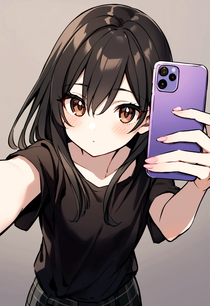 female taking a selfie, wearing a shirt. He is 16 yng and black hair ,brown eyes,Short length,Medium face