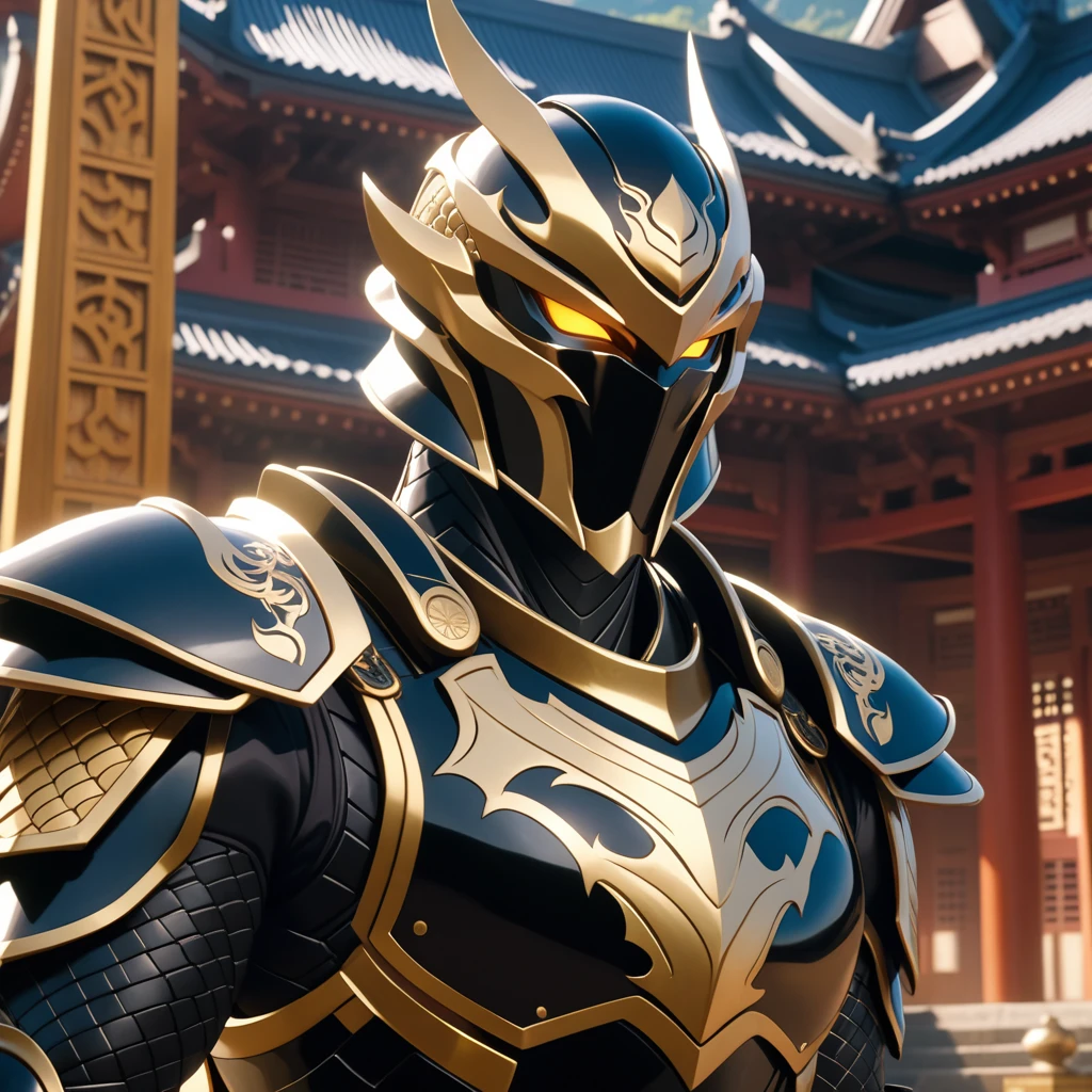 An epic closeup of the dark fighter, looking at the viewer, (alone), light full body armor, (The armor covers the entire body), ?????, golden edges, Dragon Eye Inlaid Armor, combat pose, full body shot, in a temple in the background, anime screencap, Masterpiece, The best quality, high detail, high resolution, UHD, 4k, 8k